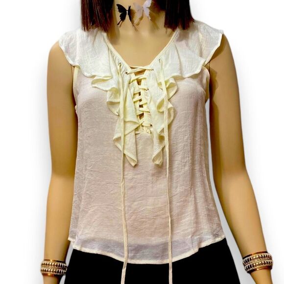 Ivory Sleeveless Lace Up V Neck Ruffle Detailed Neckline Cami Top NEW - Picture 1 of 4